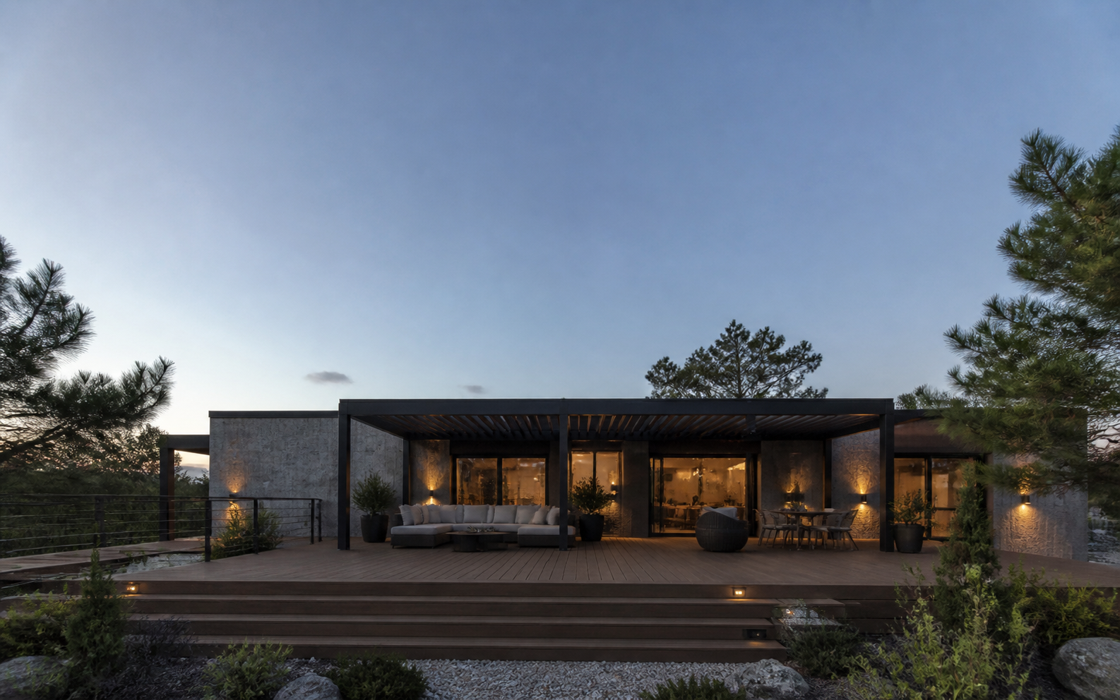 Архитектурная визуализация террасы с настилом из ДПК и перголой у загородного дома